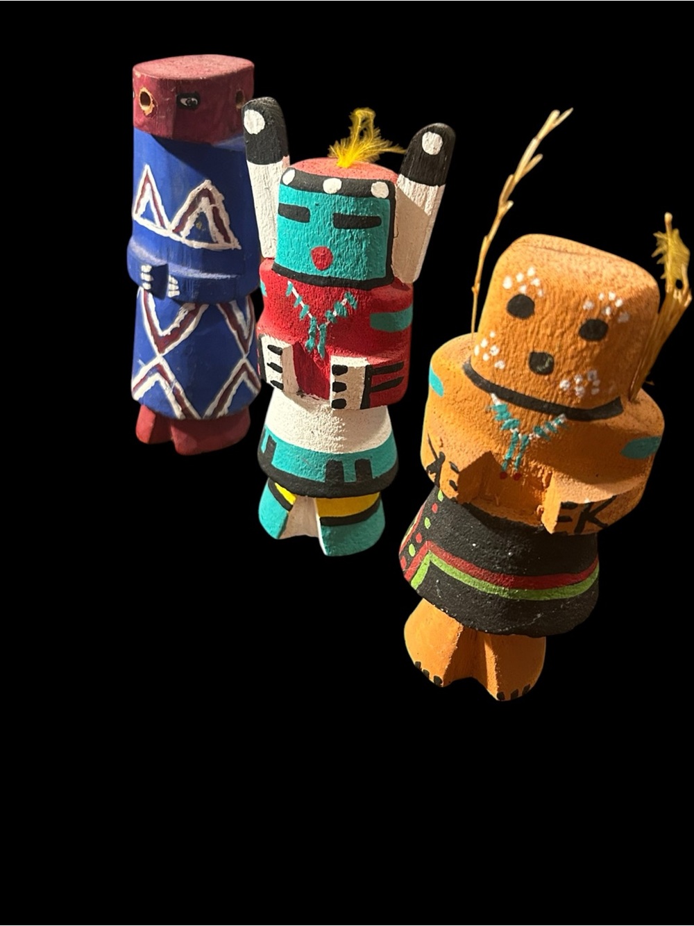 Vtg Route 66 Hopi Kachina Dolls Lot of 3 Carved Wood Cricket Hunter Navan Set